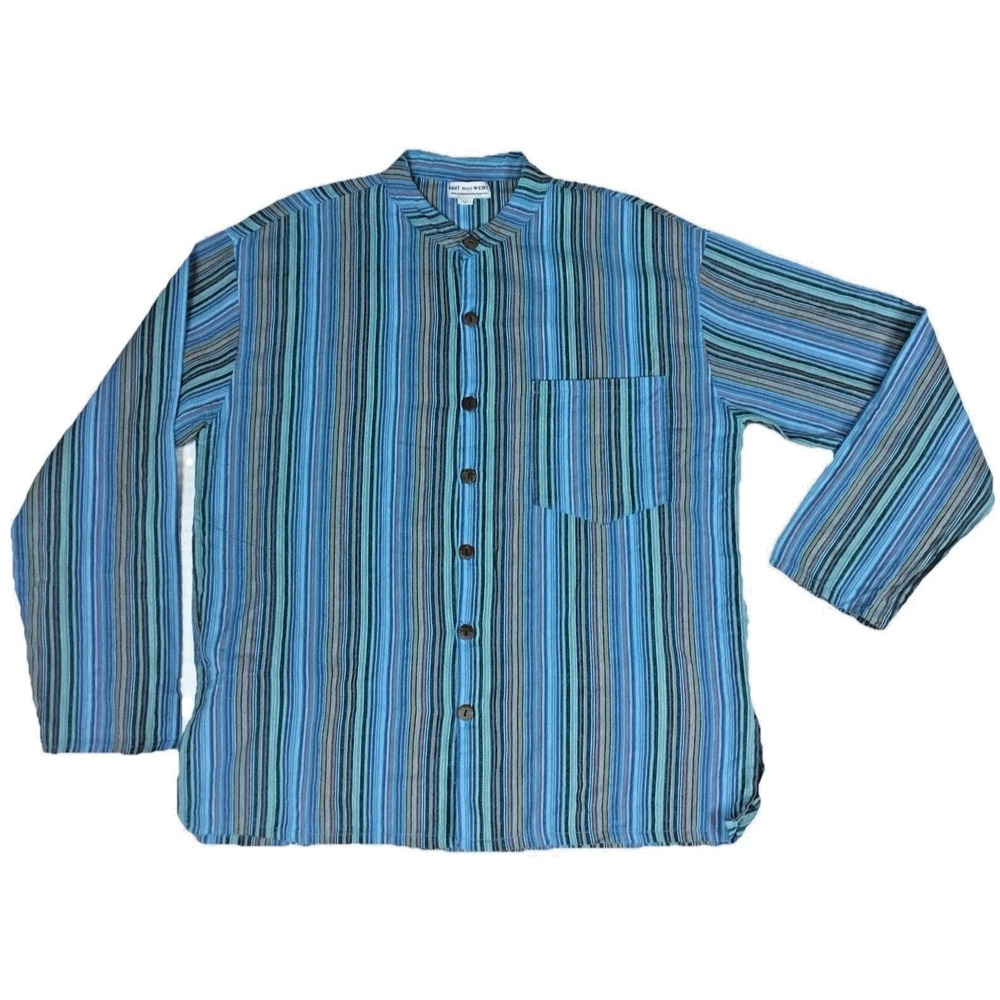 East Meets West Mens XL Blue Striped Cotton Banded Collar‎ Button Up Shirt Nepal